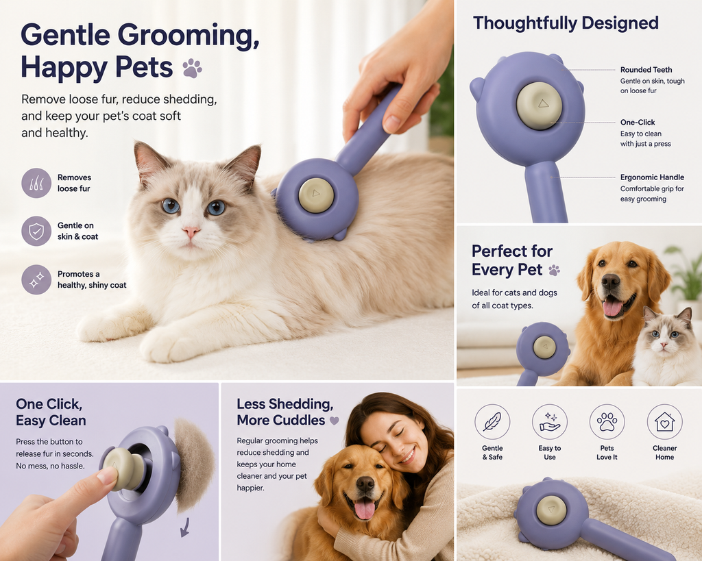 Self-Cleaning Cat-Shaped Pet Grooming Brush