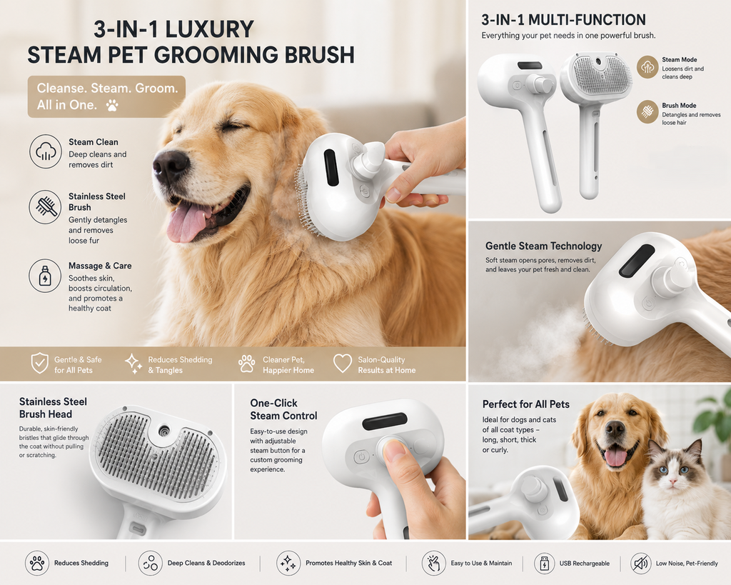 3-in-1 Luxury Stainless Steel Pet Grooming Steam Brush
