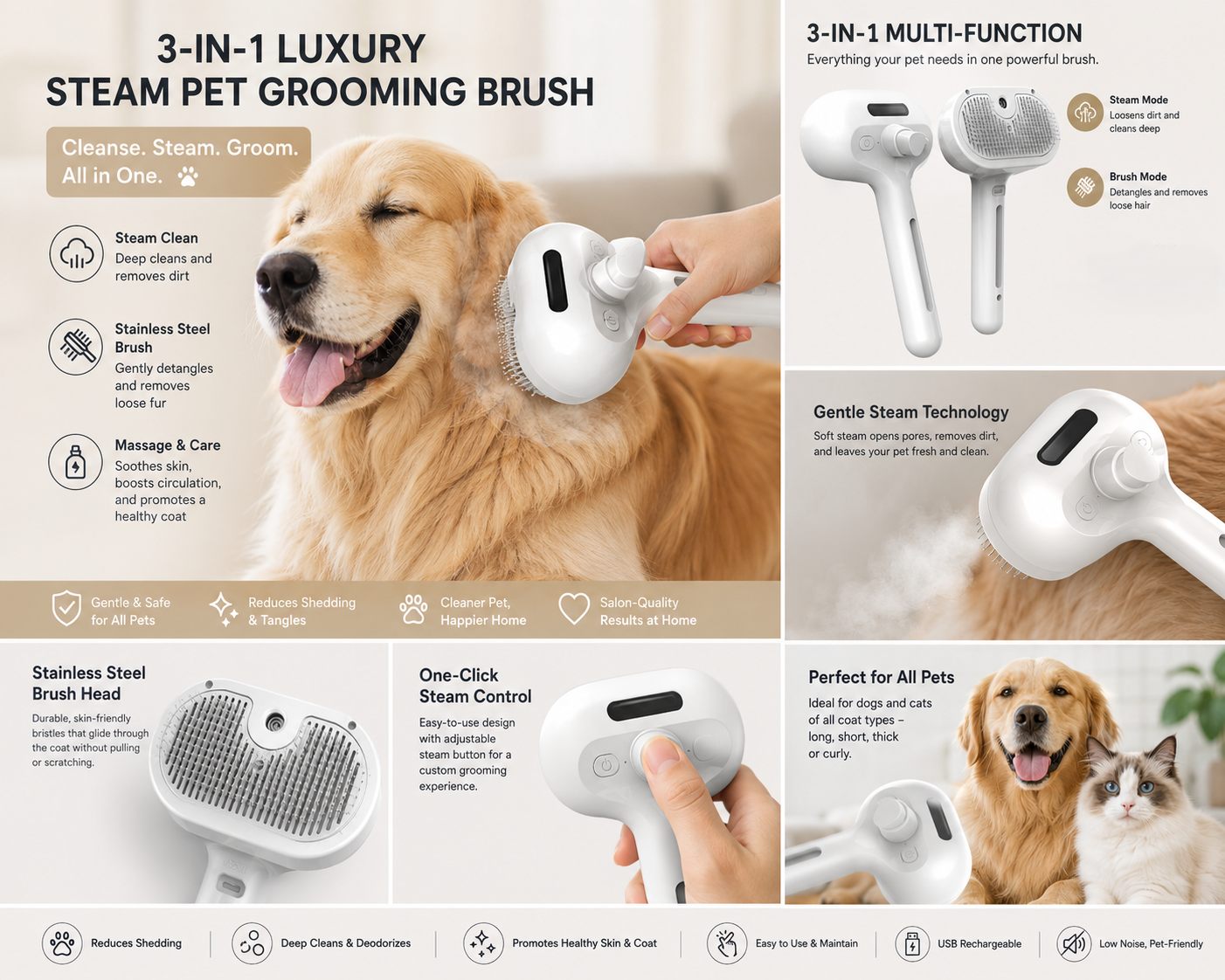 3-in-1 Luxury Stainless Steel Pet Grooming Steam Brush