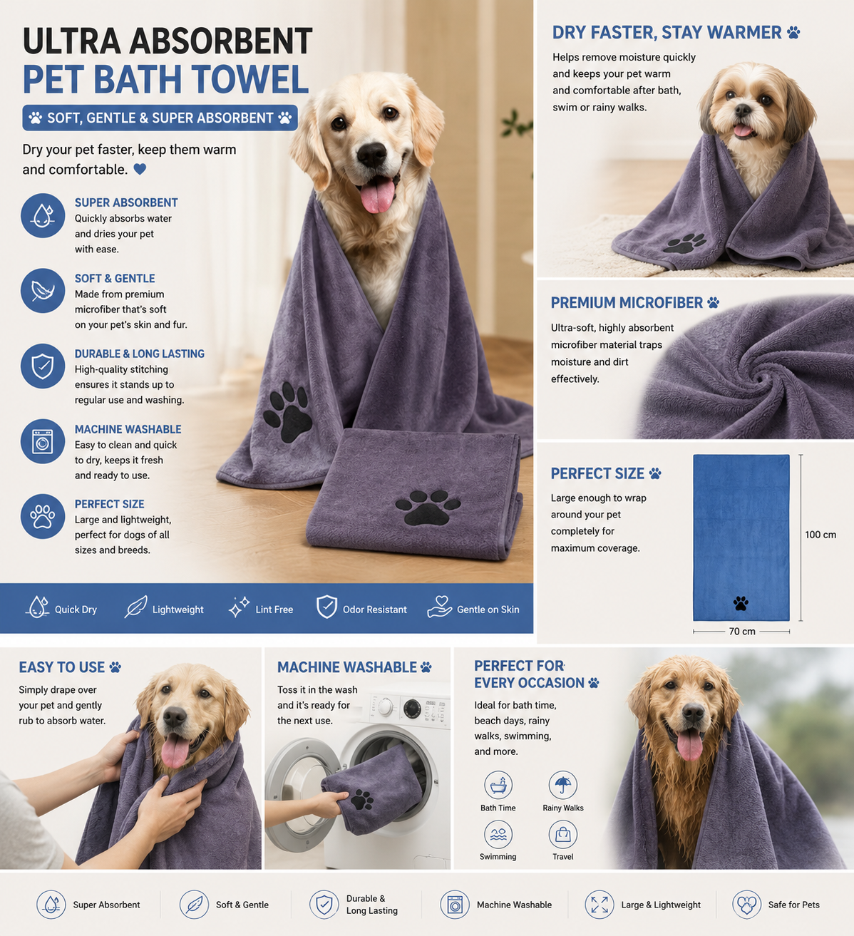 Quick Dry Microfiber Pet Bath Towel