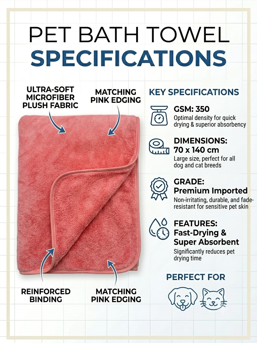(PINK) Quick Dry Microfiber Pet Bath Towel